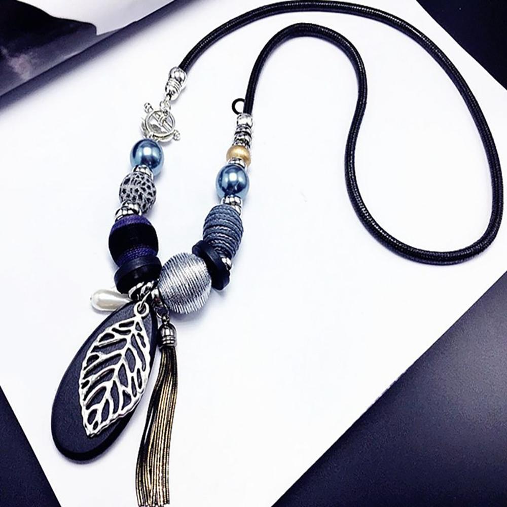 Holzperlen Blatt Anhänger mit Quaste Halskette