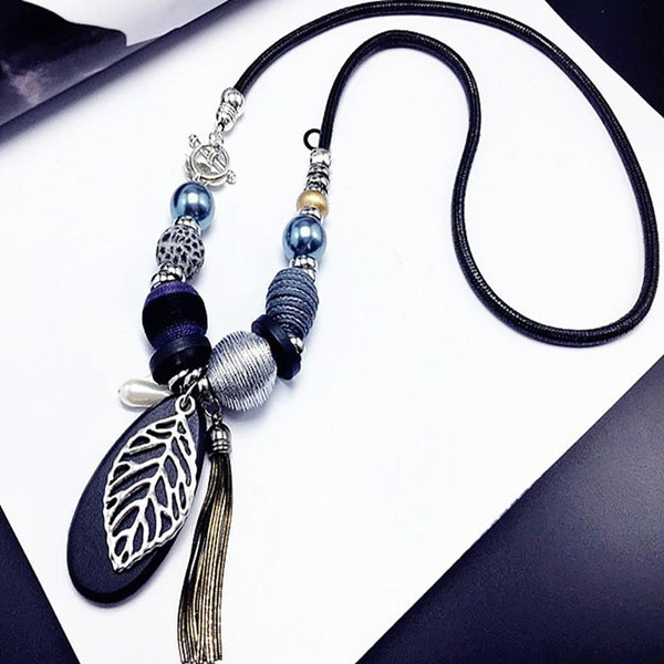 Holzperlen Blatt Anhänger mit Quaste Halskette