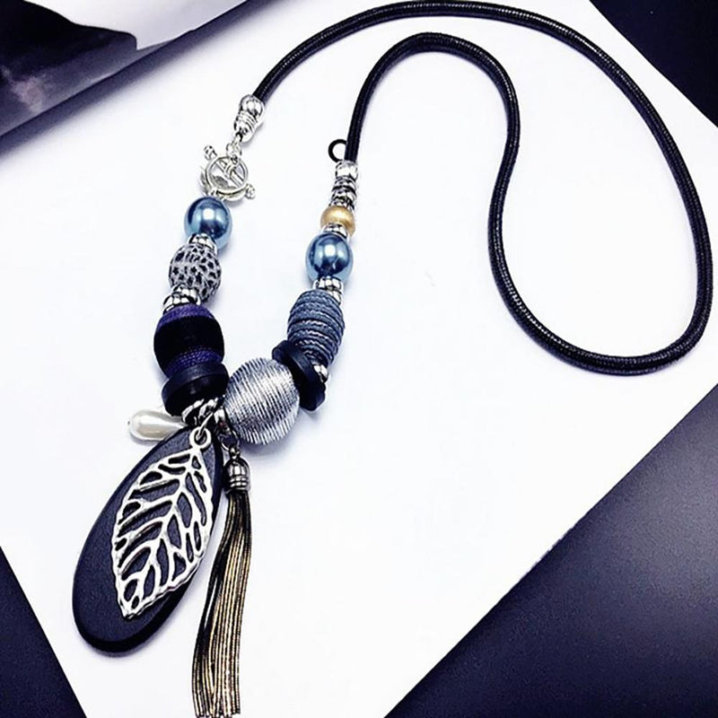 Holzperlen Blatt Anhänger mit Quaste Halskette