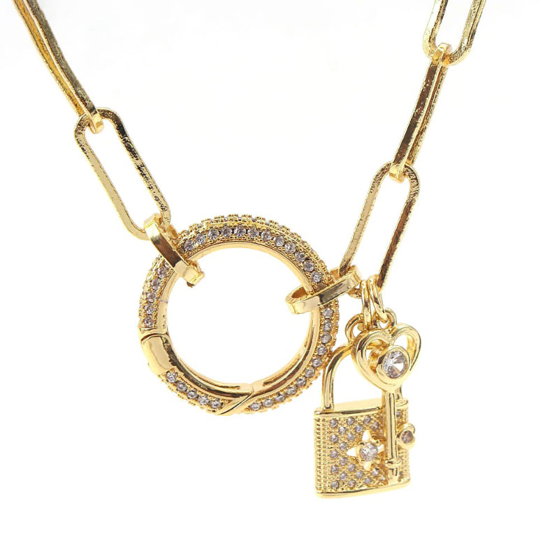 Zirkonia-Anhänger mit Herz und Schloss und langen modischen Halsketten