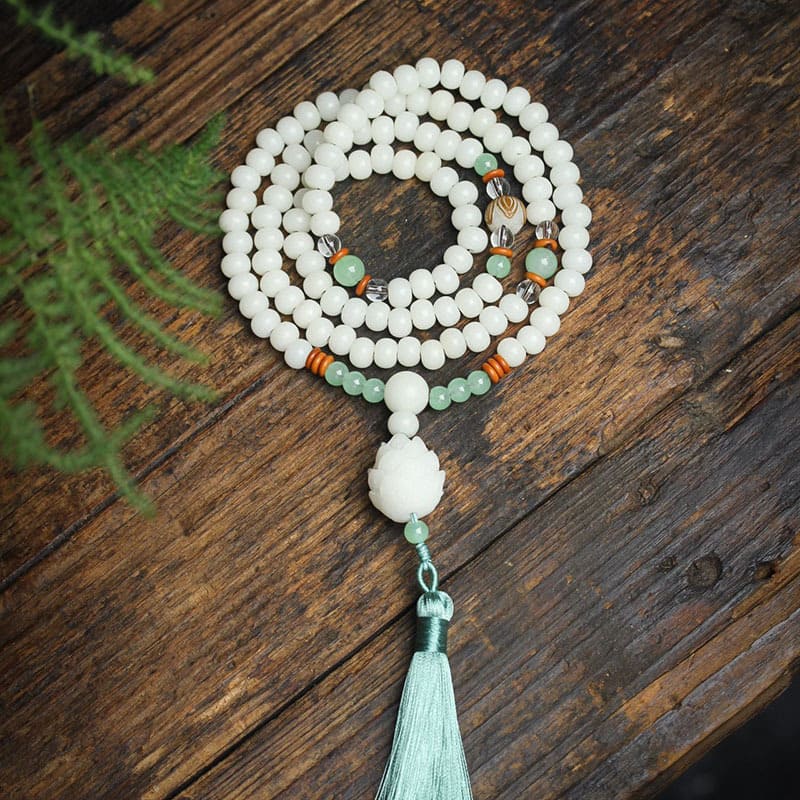 Carmiora White Bodhi Seed Mala 108 Perlen Schutzarmband