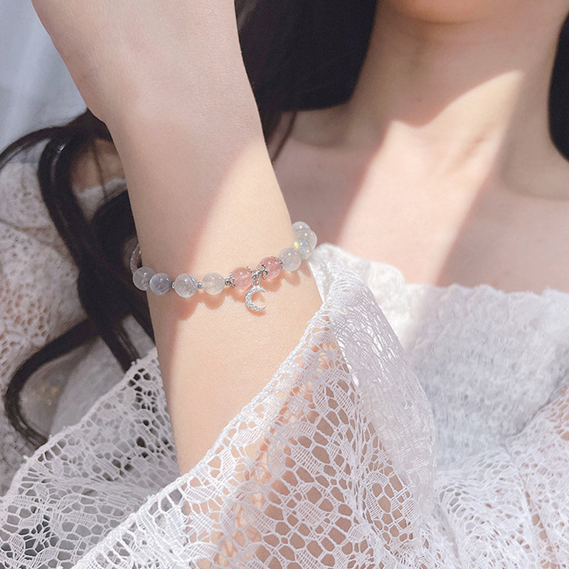 Carmiora Erdbeerquarz-Mondstein-Glücks-Mond-Charm-Armband