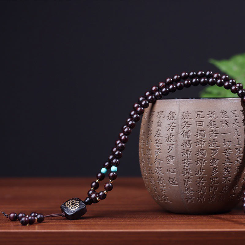 Carmiora 108 Mala-Perlen, tibetisches kleines Blatt, rotes Sandelholz, Lotus-Balance-Armband