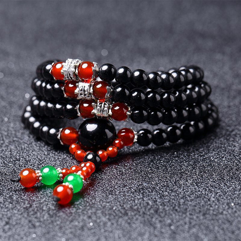 Carmiora 108 Perlen natürliches schwarzes Obsidian-Tigerauge-Mala-Armband
