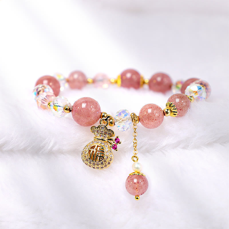 Carmiora Natürliches Erdbeerquarz-Kristall-Geldbeutel-Charm-Positiv-Armband