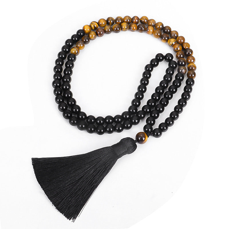 Carmiora Tibetisches schwarzes Onyx-Tigeraugenschutz-Halsketten-Mala-Set