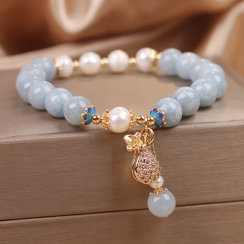 Carmiora Aquamarin-Perlen-Glücksbeutel-Charm-Armband