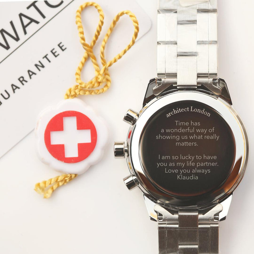 Architect Endeavour: In der Schweiz gefertigte Herrenuhr – Moderne Schriftgravur