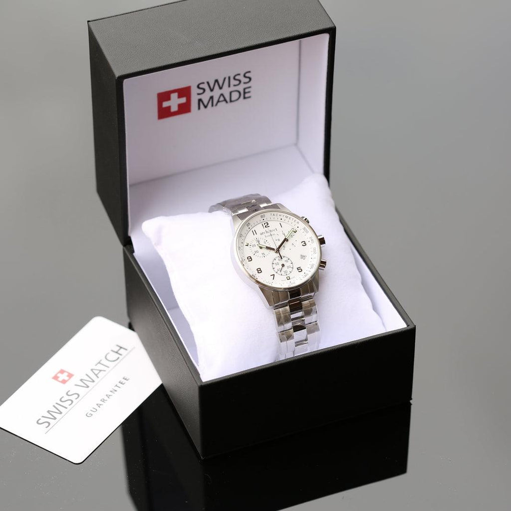 Architect Endeavour: In der Schweiz gefertigte Herrenuhr – Moderne Schriftgravur