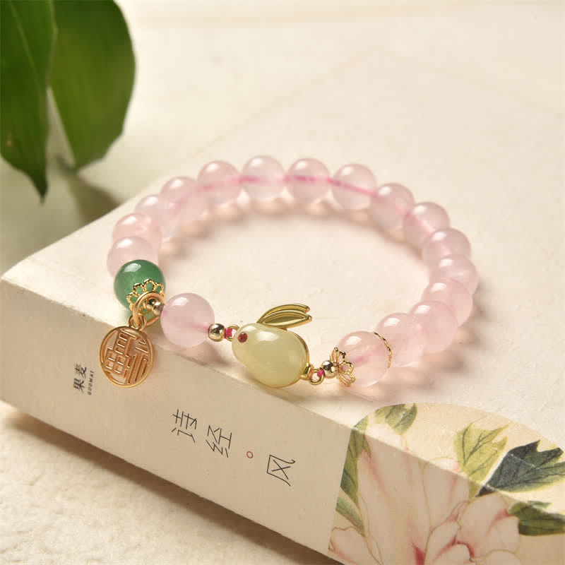 Carmiora-Armband „Jahr des Kaninchens“, natürliches rosa Kristallgrünes Achat-Häschen-Liebes-Glücks-Armband