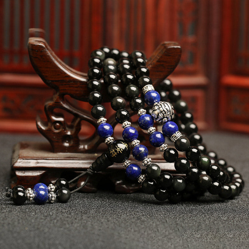Carmiora Mala-Armband mit 108 Perlen, schwarzem Obsidian, Tigerauge, Lazurit
