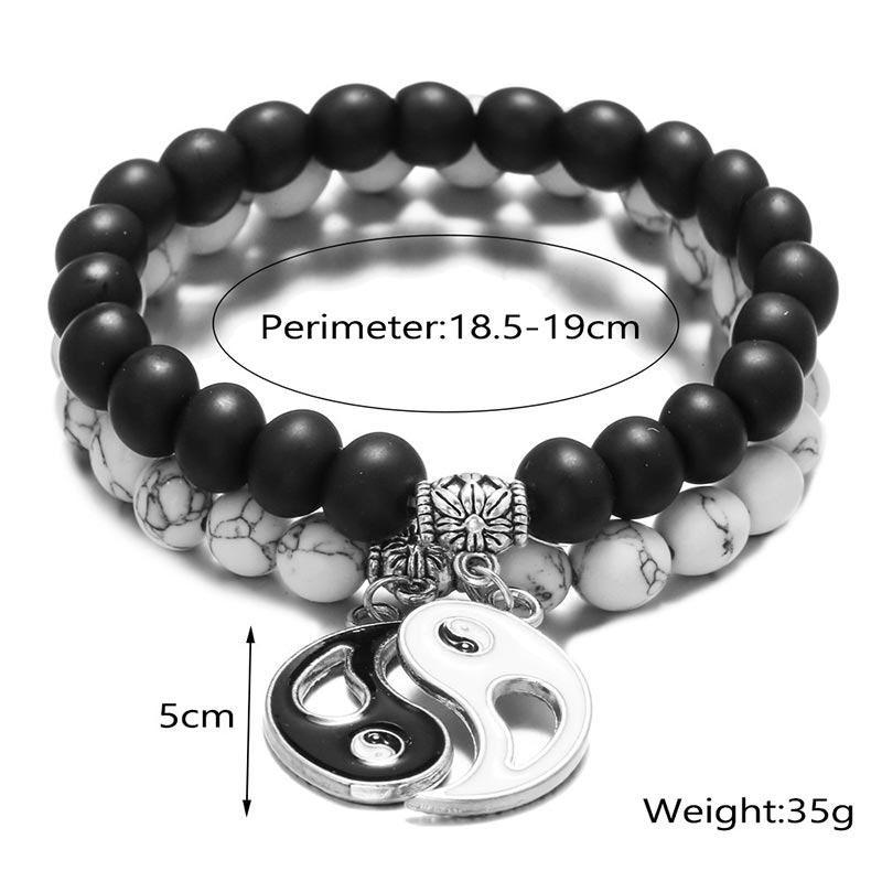 Carmiora 2 Stück natürliches schwarzes Onyx-weißes Türkis-Perlen-Yin-Yang-Paar-Armband