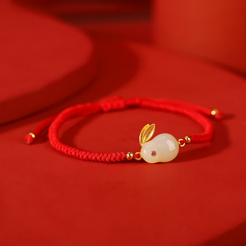 Carmiora 925 Sterling Silber Jahr des Kaninchens Hetian White Jade Luck Red String Protection Armband