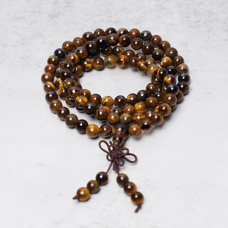 Carmiora tibetische 108 natürliche Tigerauge-Edelsteinperlen Gebets-Mala-Armband-Halskette