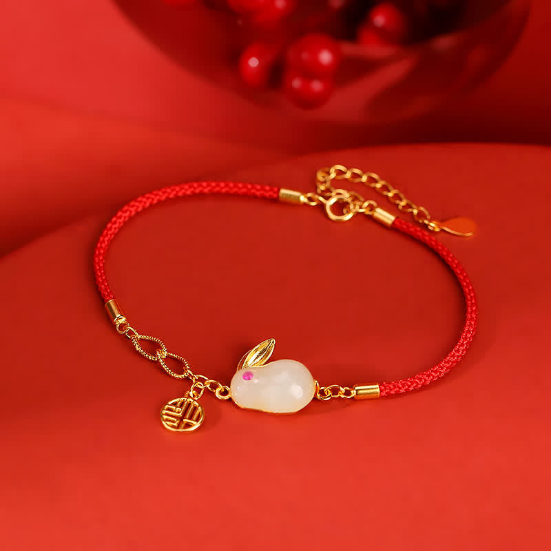 Carmiora 925 Sterling Silber Jahr des Kaninchens Hetian White Jade Luck Blessing Red String Armband