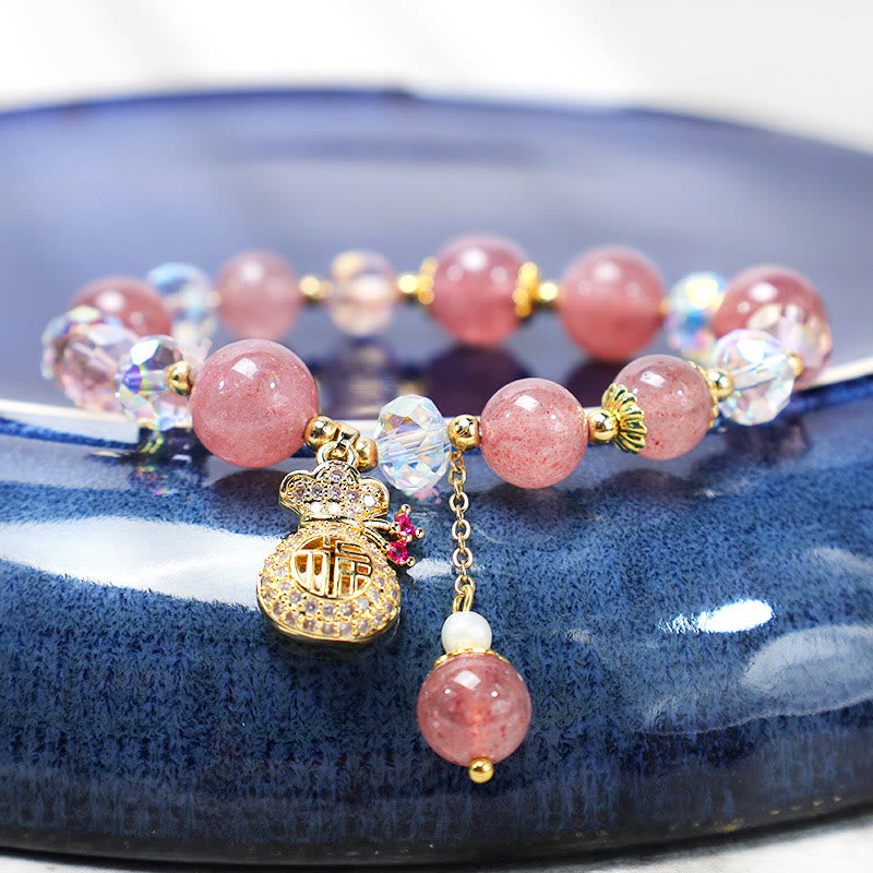 Carmiora Natürliches Erdbeerquarz-Kristall-Geldbeutel-Charm-Positiv-Armband