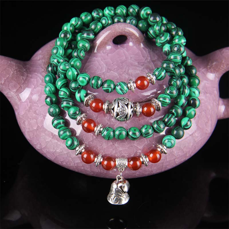 Carmiora Tibetisch 108 Perlen Malachit Roter Achat Glockenschutz Armband Mala