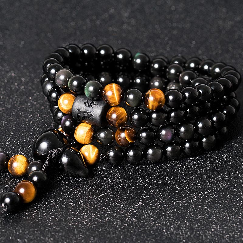 Carmiora Natürliches schwarzes Obsidian-Regenbogen-Obsidian-Kürbis-Segen-Armband Mala