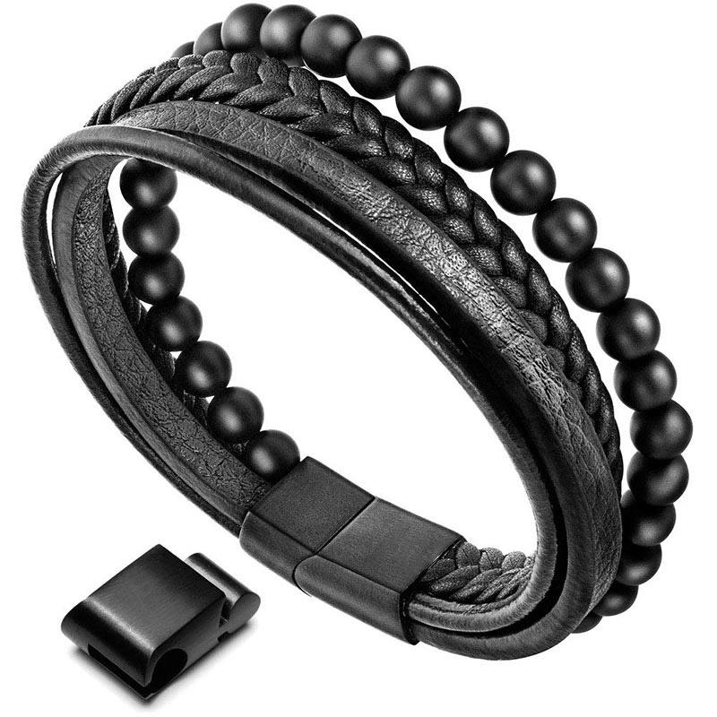 Carmiora natürliches Lavagestein-Lederarmband mit schwarzen Onyxperlen