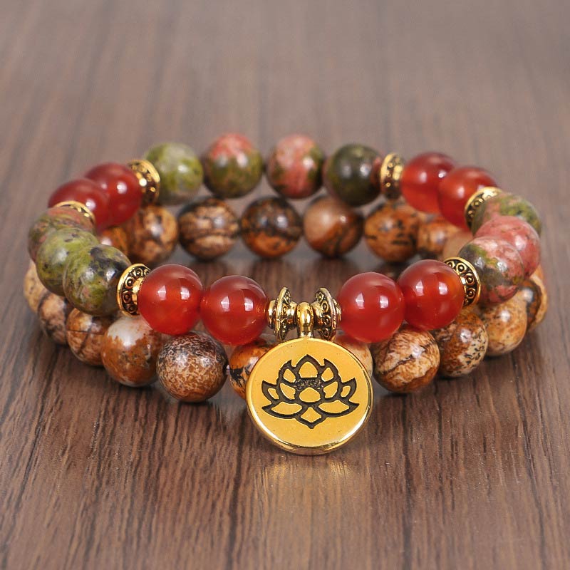 Carmiora Tibetisches Bild Jaspis Positive Lotus Armband Set