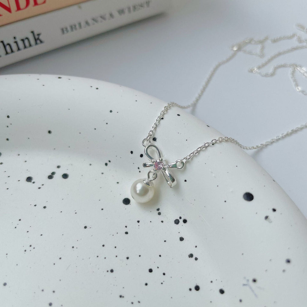 Halskette mit Schleife und Perle (massives Silber) - Cady