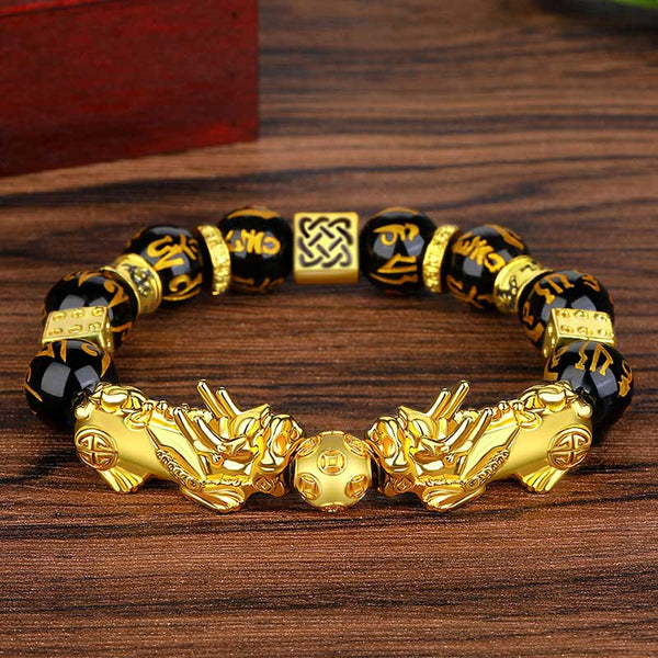 Carmiora FengShui Double PiXiu Obsidian Om Mani Padme Hum Reichtumsarmband