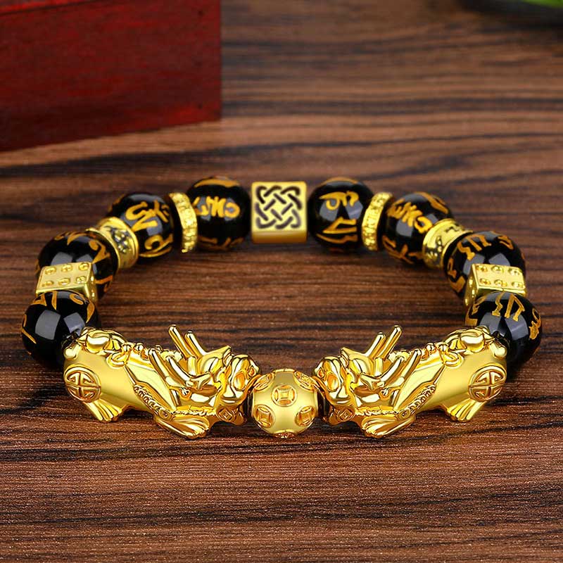 Carmiora FengShui Double PiXiu Obsidian Om Mani Padme Hum Reichtumsarmband