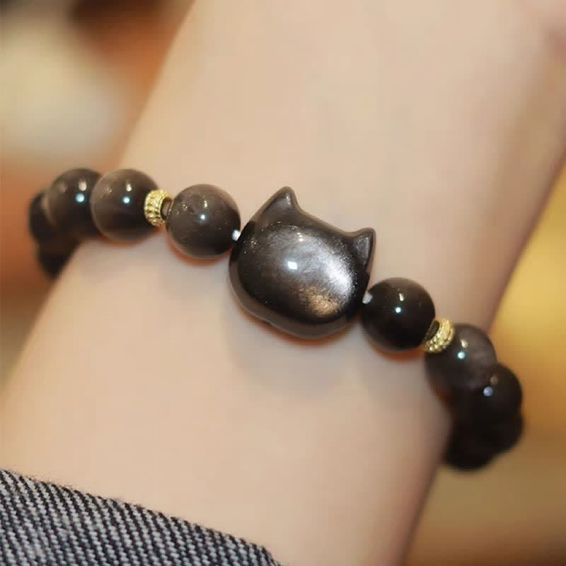 Carmiora Gold glänzender Obsidian Silber glänzender Obsidian Schönes Pfoten-Glückskatzen-Schutzarmband