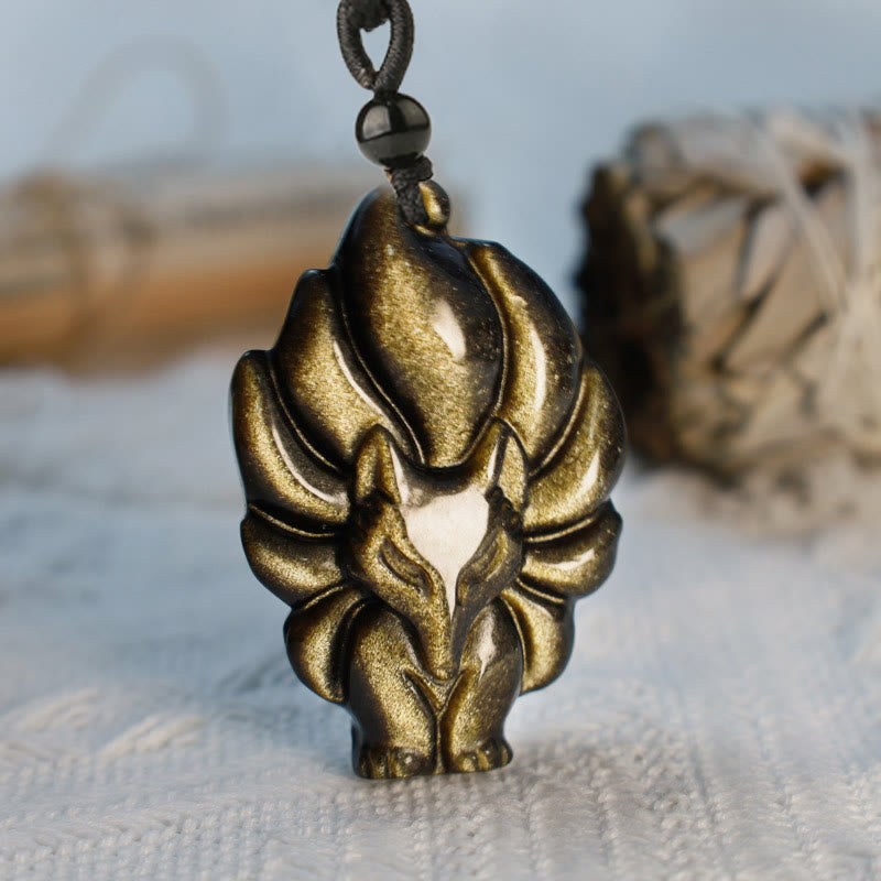 Carmiora Natürliche Fluorit-Goldglanz-Obsidian-Fuchs-Anhänger-Schutzhalskette