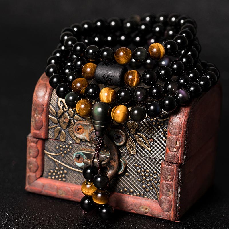 Carmiora Natürliches schwarzes Obsidian-Regenbogen-Obsidian-Kürbis-Segen-Armband Mala