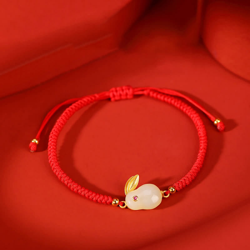 Carmiora 925 Sterling Silber Jahr des Kaninchens Hetian White Jade Luck Red String Protection Armband