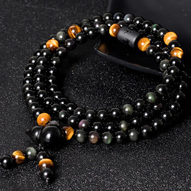 Carmiora Natürliches schwarzes Obsidian-Regenbogen-Obsidian-Kürbis-Segen-Armband Mala