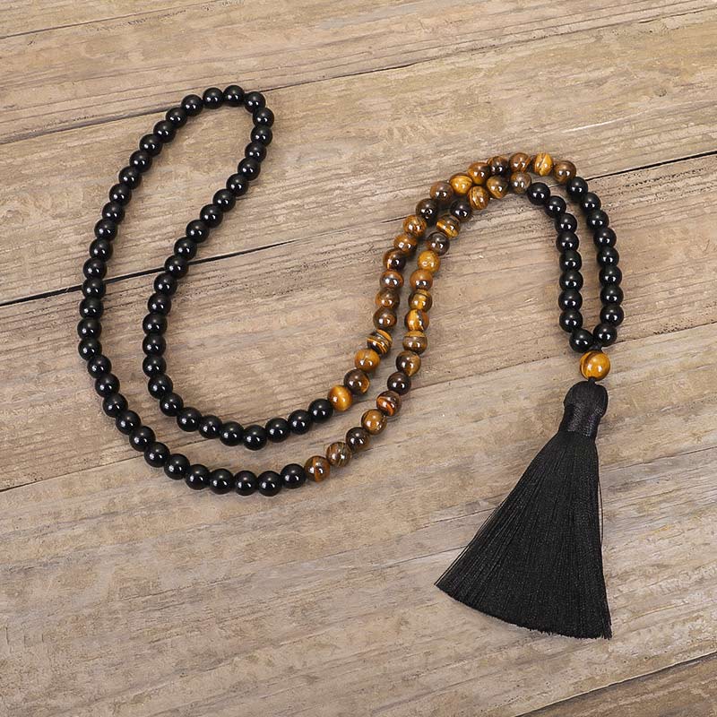 Carmiora Tibetisches schwarzes Onyx-Tigeraugenschutz-Halsketten-Mala-Set