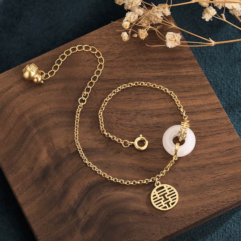 Carmiora White Jade Double Happiness Fortune Armband