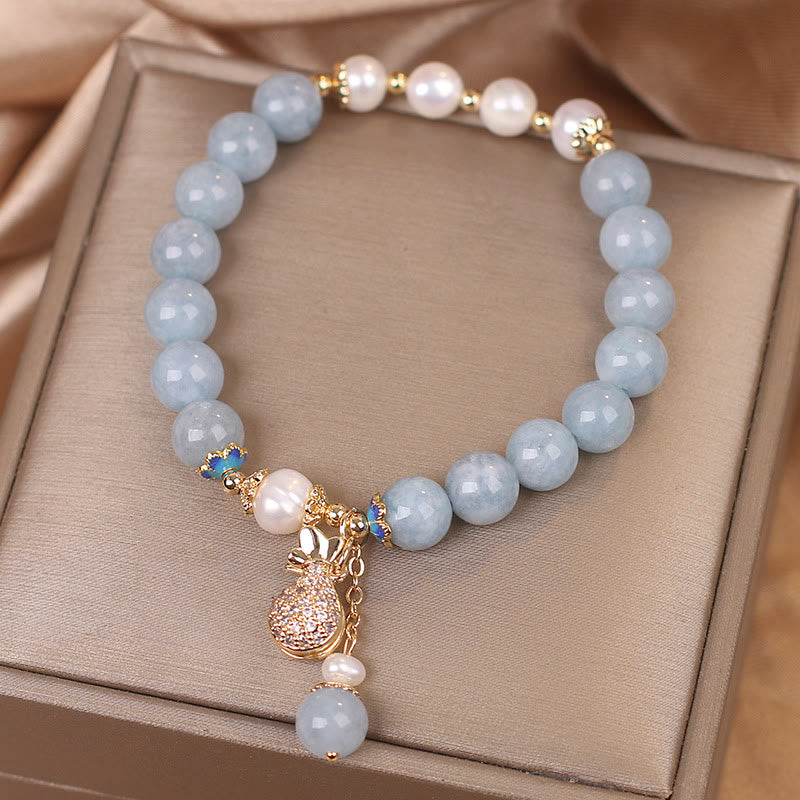 Carmiora Aquamarin-Perlen-Glücksbeutel-Charm-Armband