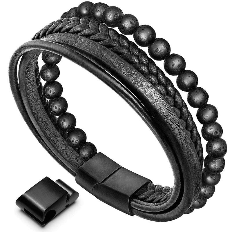 Carmiora natürliches Lavagestein-Lederarmband mit schwarzen Onyxperlen