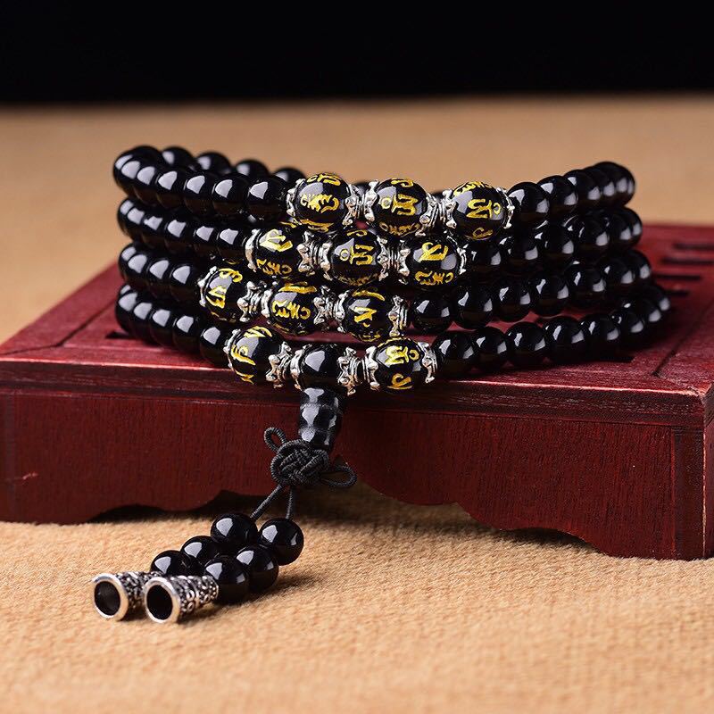 Carmiora Black Obsidian Six True Words Protection Mala Armband