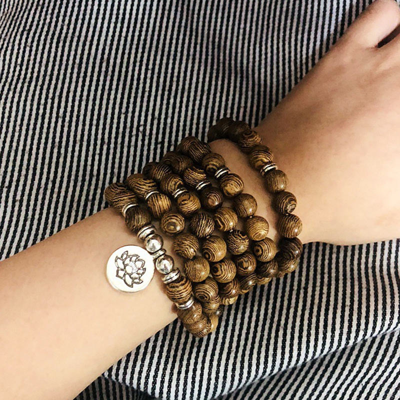 Carmiora Tibetisches Blitzschlag-Holzarmband Lotus Buddha Mala