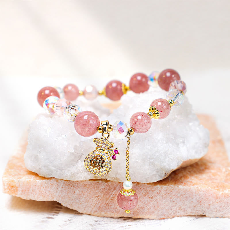 Carmiora Natürliches Erdbeerquarz-Kristall-Geldbeutel-Charm-Positiv-Armband