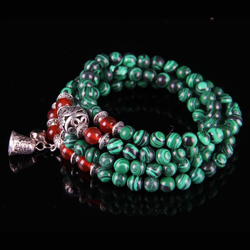 Carmiora Tibetisch 108 Perlen Malachit Roter Achat Glockenschutz Armband Mala