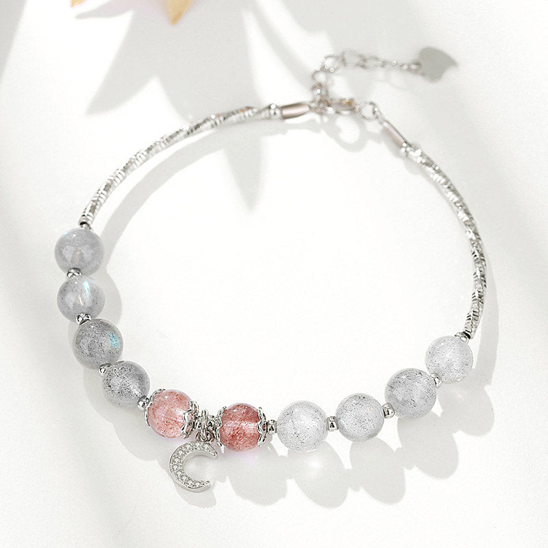 Carmiora Erdbeerquarz-Mondstein-Glücks-Mond-Charm-Armband