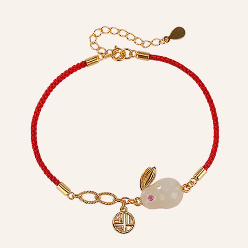 Carmiora 925 Sterling Silber Jahr des Kaninchens Hetian White Jade Luck Blessing Red String Armband