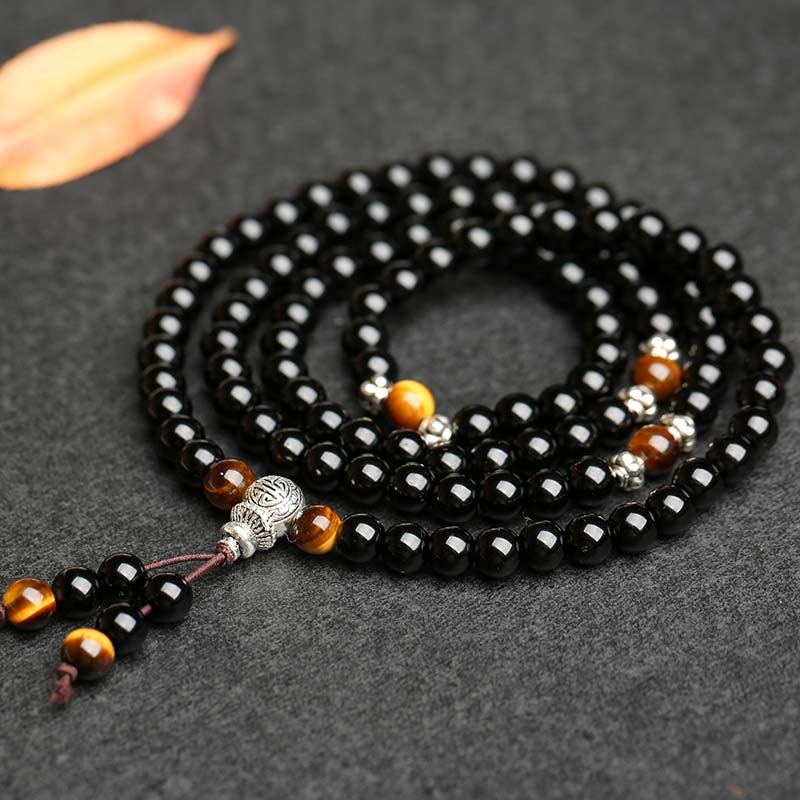 Carmiora schwarzes Obsidian-Tigerauge-Segen-Mala-Armband