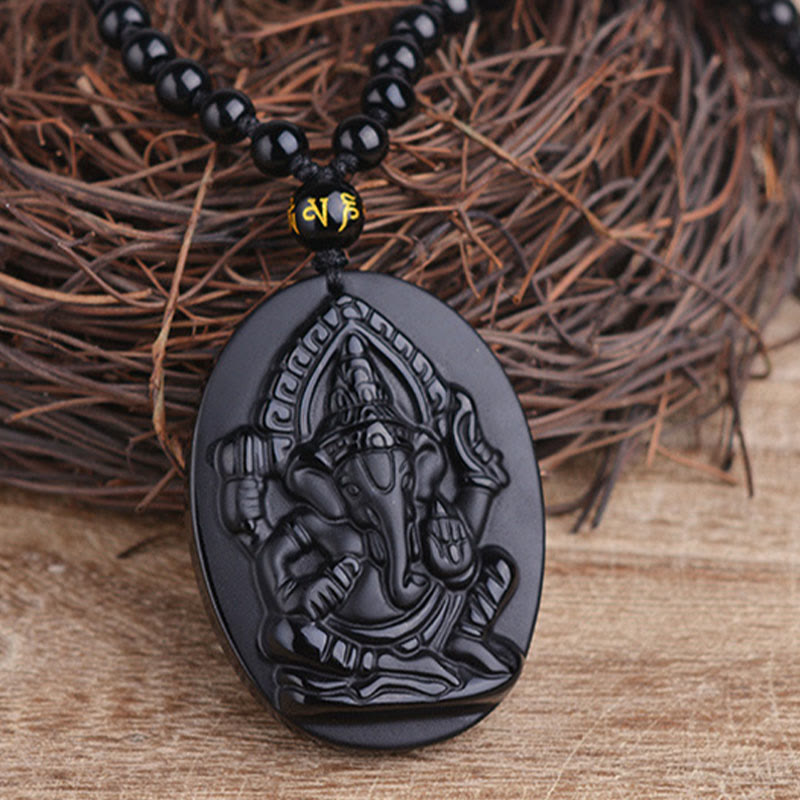 Carmiora tibetischer Obsidian Ganesh Ganpati Elefant Reichtum Amulett Halskette