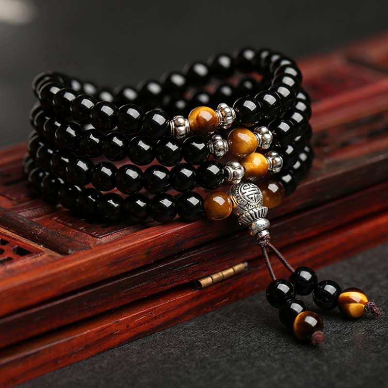 Carmiora schwarzes Obsidian-Tigerauge-Segen-Mala-Armband