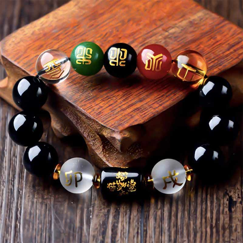 Carmiora Chinesisches Sternzeichen Feng Shui Obsidian Fünf-Elemente-Armband Reichtum Porsperity