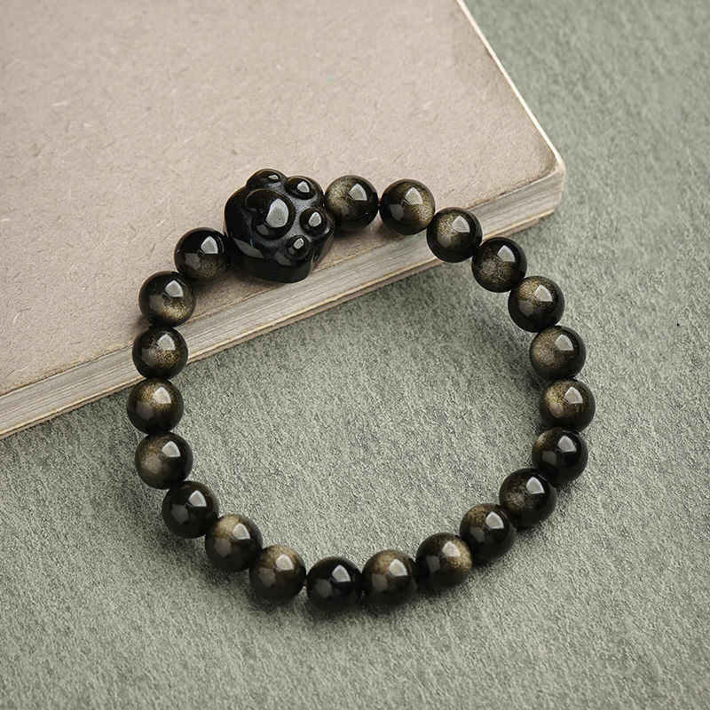Carmiora Gold glänzender Obsidian Silber glänzender Obsidian Schönes Pfoten-Glückskatzen-Schutzarmband