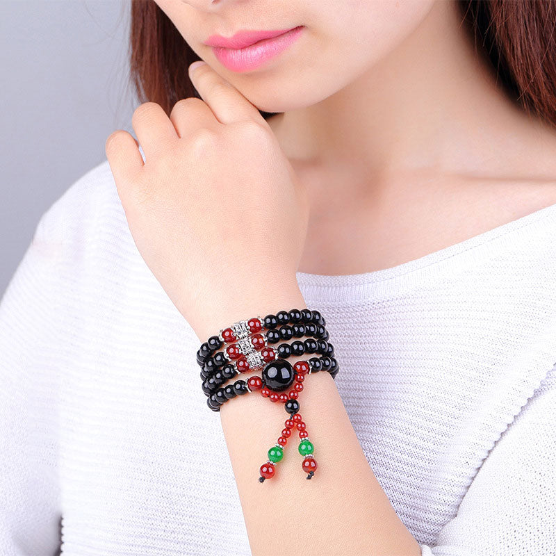 Carmiora 108 Perlen natürliches schwarzes Obsidian-Tigerauge-Mala-Armband