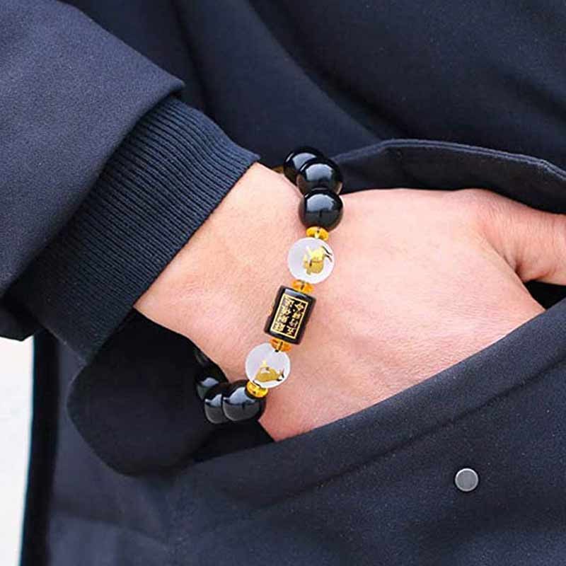 Carmiora Chinesisches Sternzeichen Feng Shui Obsidian Fünf-Elemente-Armband Reichtum Porsperity