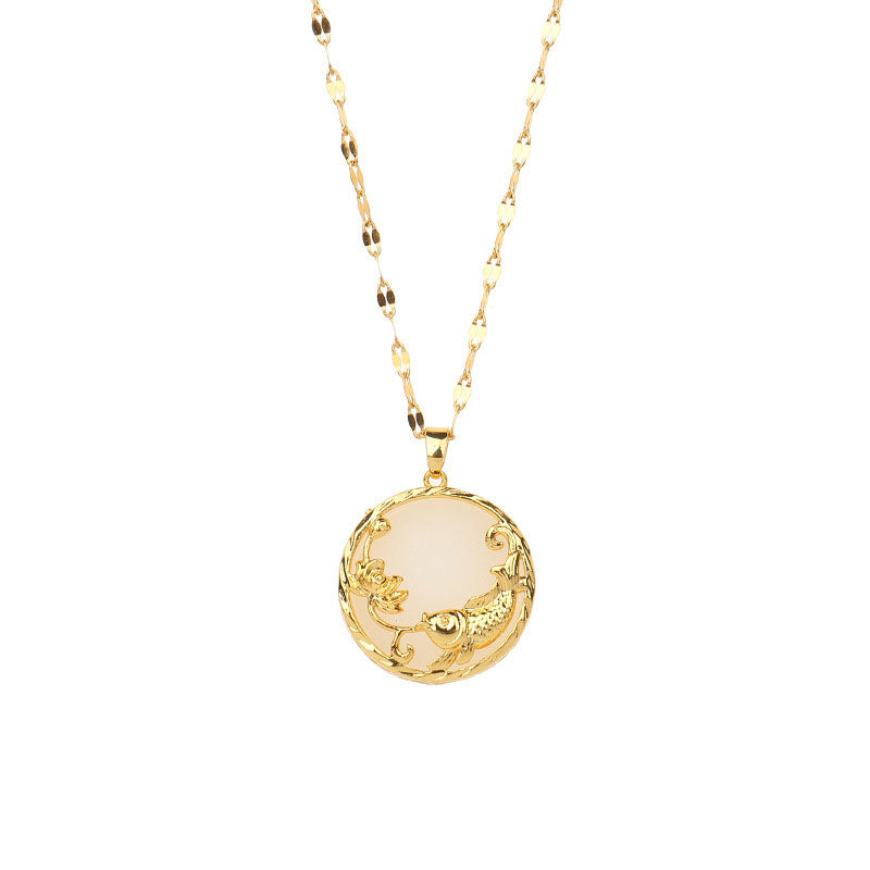 Carmiora Halskette mit Anhänger aus natürlichem Jade, Koi-Fisch, Lotus, Glück